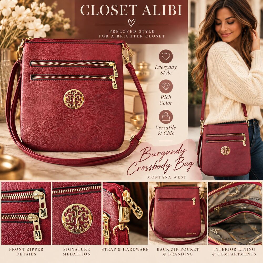 Montana West Burgundy Crossbody Bag | Gold Medallion & Multiple Zip Pockets